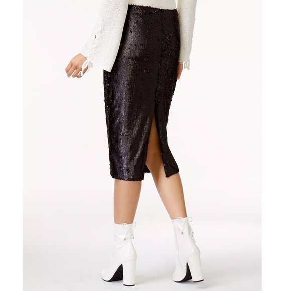 MINKPINK Bordeaux Black Sequin Paillette Rear Vent Midi Pencil Skirt Size XS NWT - Picture 5 of 6